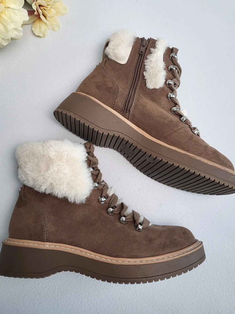Madden NYC Women's Brown Faux-Fur Lined Suede Lace-Up Boot